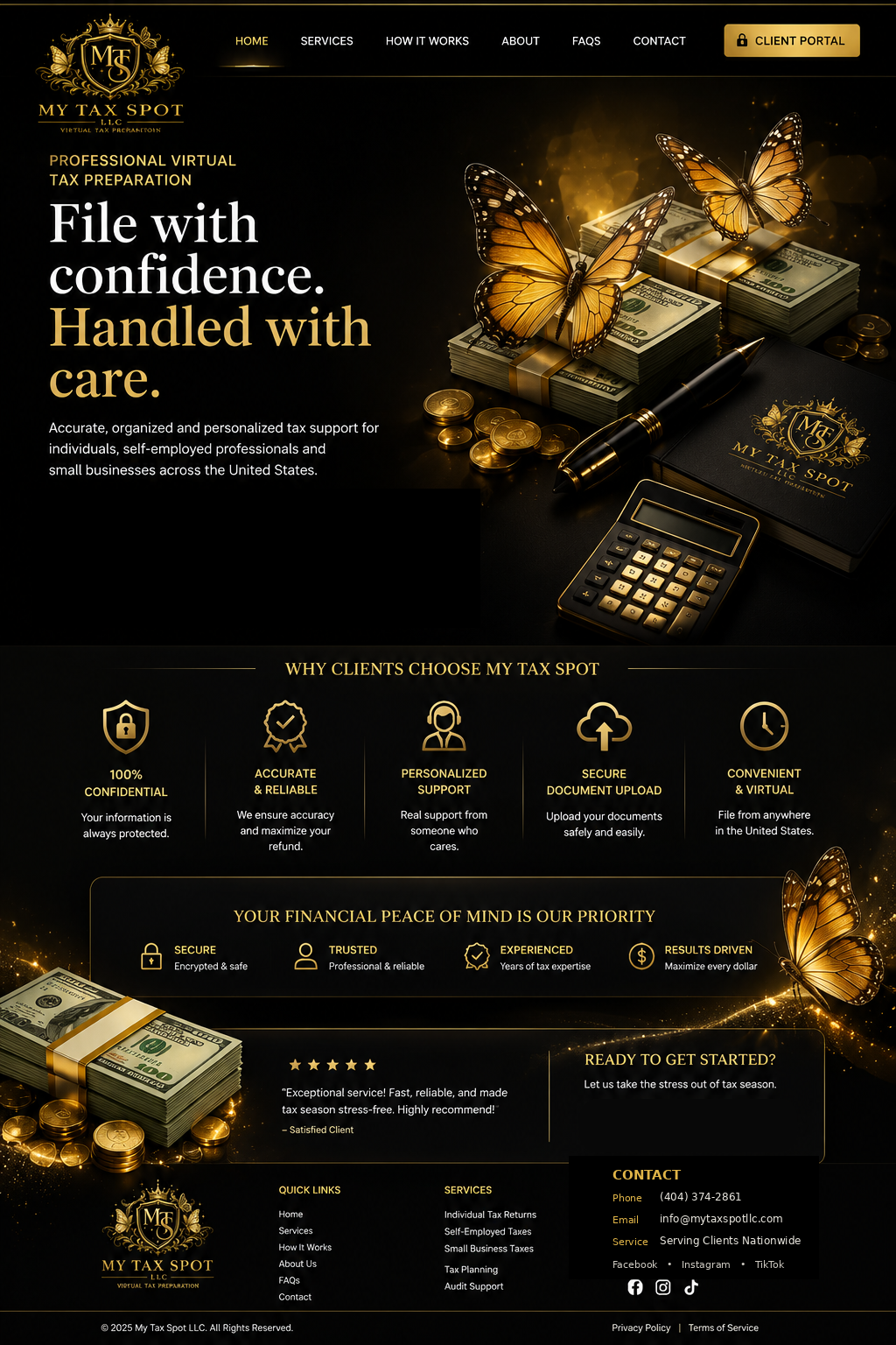 My Tax Spot LLC luxury black and gold tax preparation homepage visual